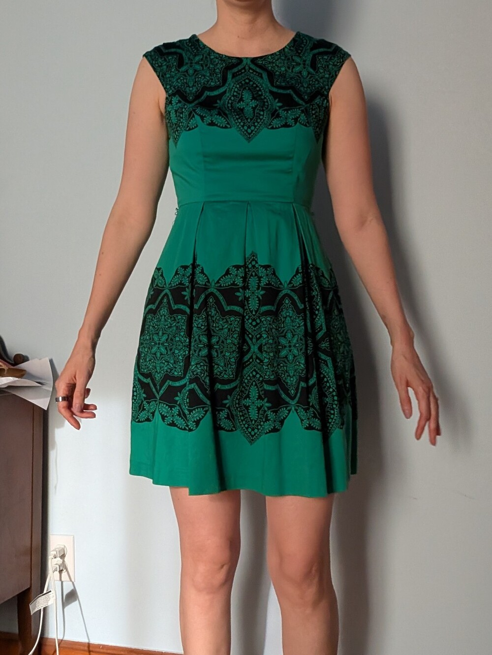 Tristan Emerald Green and Black Patterned Midi Dress - Picture 1 of 7